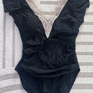 Black V-Neck Swimsuit with Lace Trim